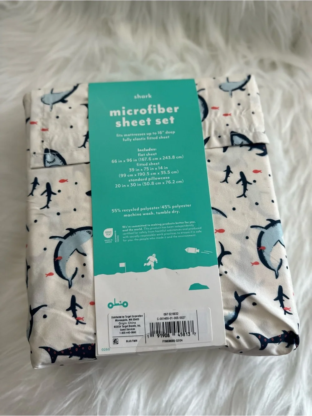 Pillowfort Shark Microfiber Sheet Set in White and Navy with Coral Accents